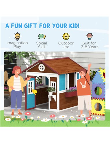 Outsunny Wooden Playhouse with Doors, Windows, Plant Pots, Boxes, for 3-8 Years - Dark Brown