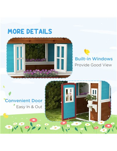 Outsunny Wooden Playhouse with Doors, Windows, Plant Pots, Boxes, for 3-8 Years - Dark Brown
