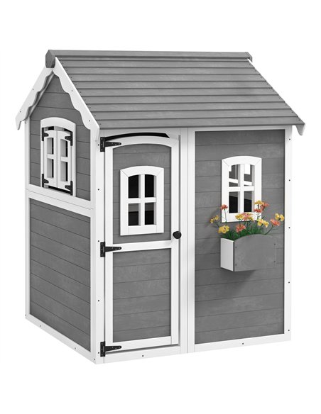 Outsunny Wooden Playhouse for Kids with Doors, Windows, Plant Box, Floors, for Ages 3-8 Years, for Gardens, Lawns, Patios - Grey - pic 129486 | FastDaddyshop