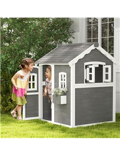 Outsunny Wooden Playhouse for Kids with Doors, Windows, Plant Box, Floors, for Ages 3-8 Years, for Gardens, Lawns, Patios - Grey 2