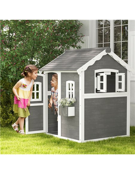 Outsunny Wooden Playhouse for Kids with Doors, Windows, Plant Box, Floors, for Ages 3-8 Years, for Gardens, Lawns, Patios - Grey - pic 129487 | FastDaddyshop