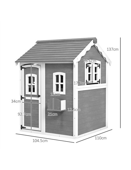 Outsunny Wooden Playhouse for Kids with Doors, Windows, Plant Box, Floors, for Ages 3-8 Years, for Gardens, Lawns, Patios - Grey - pic 129488 | FastDaddyshop