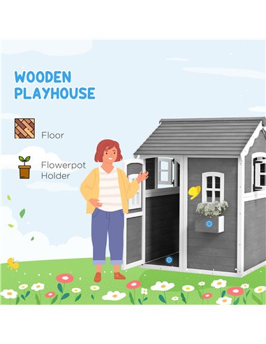 Outsunny Wooden Playhouse for Kids with Doors, Windows, Plant Box, Floors, for Ages 3-8 Years, for Gardens, Lawns, Patios - Grey