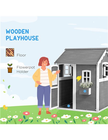 Outsunny Wooden Playhouse for Kids with Doors, Windows, Plant Box, Floors, for Ages 3-8 Years, for Gardens, Lawns, Patios - Grey - pic 129489 | FastDaddyshop