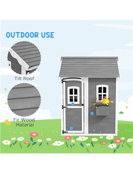 Outsunny Wooden Playhouse for Kids with Doors, Windows, Plant Box, Floors, for Ages 3-8 Years, for Gardens, Lawns, Patios - Grey - pic 129490 | FastDaddyshop