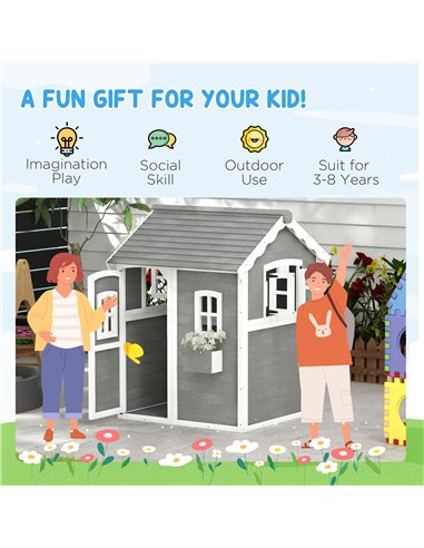 Outsunny Wooden Playhouse for Kids with Doors, Windows, Plant Box, Floors, for Ages 3-8 Years, for Gardens, Lawns, Patios - Grey