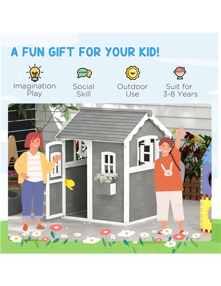 Outsunny Wooden Playhouse for Kids with Doors, Windows, Plant Box, Floors, for Ages 3-8 Years, for Gardens, Lawns, Patios - Grey - pic 129491 | FastDaddyshop