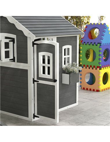 Outsunny Wooden Playhouse for Kids with Doors, Windows, Plant Box, Floors, for Ages 3-8 Years, for Gardens, Lawns, Patios - Grey