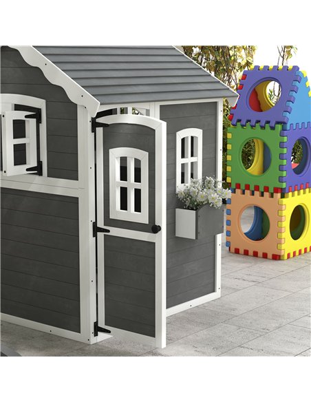 Outsunny Wooden Playhouse for Kids with Doors, Windows, Plant Box, Floors, for Ages 3-8 Years, for Gardens, Lawns, Patios - Grey - pic 129493 | FastDaddyshop
