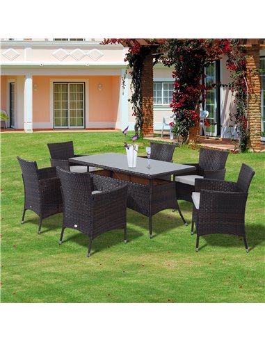 Outsunny 7-Piece Rattan Dining Set with Glass-Top Table, Brown