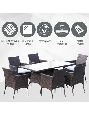 Outsunny 6-Seater Rattan Garden Furniture Dining Set 6-seater Patio Rectangular Table Cube Chairs Outdoor Fire Retardant Sponge 