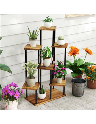 Outsunny 7 Tier Plant Stand Indoor Outdoor, Tiered Corner Steel Wood Plant Shelf for Multiple Plants, Tall Flower Stand Display 
