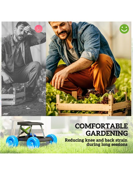 Outsunny Garden Cart with Wheels, Garden Stool Trolley with Tool Tray, Rolling Garden Seat for Weeding, Planting, Blue - pic 129588 | FastDaddyshop