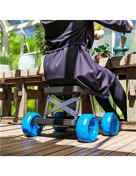 Outsunny Garden Cart with Wheels, Garden Stool Trolley with Tool Tray, Rolling Garden Seat for Weeding, Planting, Blue - pic 129592 | FastDaddyshop