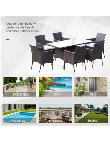 Outsunny 6-Seater Rattan Garden Furniture Dining Set 6-seater Patio Rectangular Table Cube Chairs Outdoor Fire Retardant Sponge 