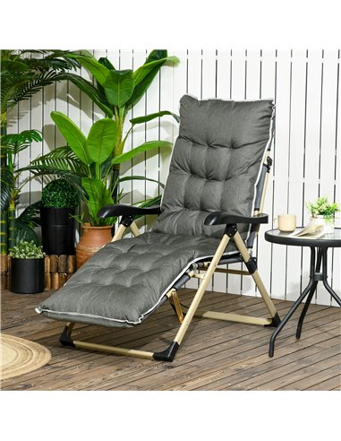 Outsunny Padded Garden Lounger, with Seven-Position Back and Footrest - Grey