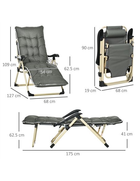 Outsunny Padded Garden Lounger, with Seven-Position Back and Footrest - Grey - pic 129614 | FastDaddyshop