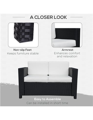 Outsunny 2 Seater Garden Furniture, Rattan Sofa with Soft Padded Cushion and Armrests, Wicker Garden Loveseat for Patio, Black