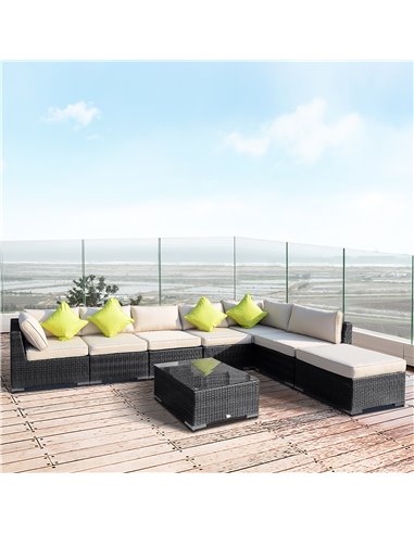 Outsunny 7-Seater Sofa Rattan Garden Furniture Aluminium Outdoor Patio Set Wicker Seater Table - Black
