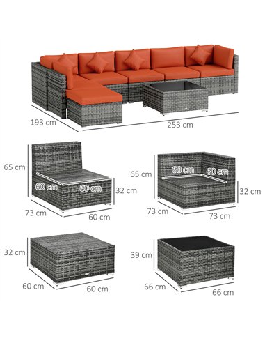 Outsunny Eight-Piece Rattan Sofa Set - Orange/Grey