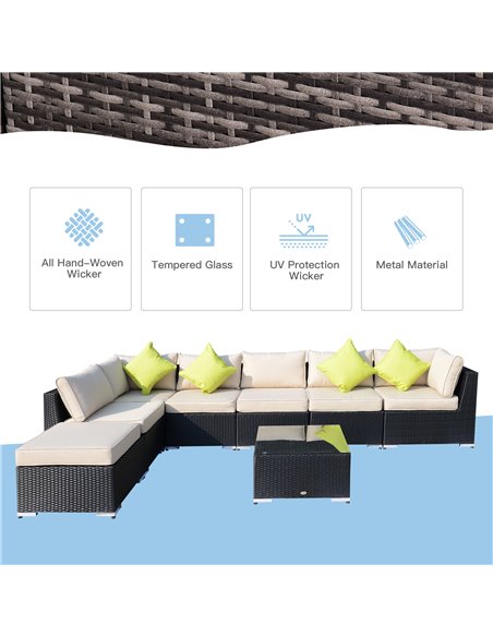 Outsunny 7-Seater Sofa Rattan Garden Furniture Aluminium Outdoor Patio Set Wicker Seater Table - Black - pic 12975 | FastDaddyshop