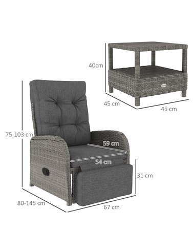 Outsunny 2 Seater Patio Rattan Wicker Chaise Lounge Sofa Set w/ Cushion for Patio Garden Porch, Grey