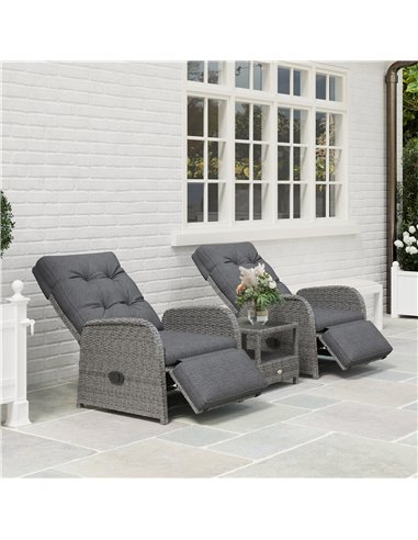 Outsunny 2 Seater Patio Rattan Wicker Chaise Lounge Sofa Set w/ Cushion for Patio Garden Porch, Grey