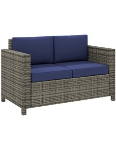 Outsunny 2 Seater Garden Furniture, Rattan Sofa with Soft Padded Cushion and Armrests, Wicker Garden Loveseat for Patio, Navy Bl