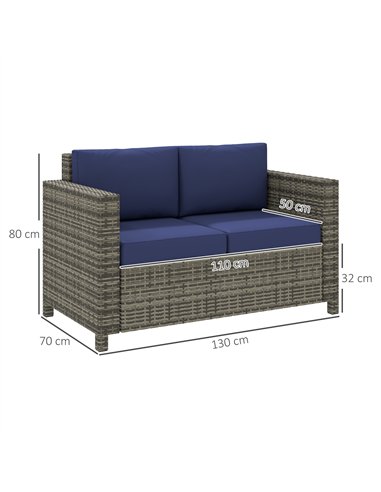 Outsunny 2 Seater Garden Furniture, Rattan Sofa with Soft Padded Cushion and Armrests, Wicker Garden Loveseat for Patio, Navy Bl
