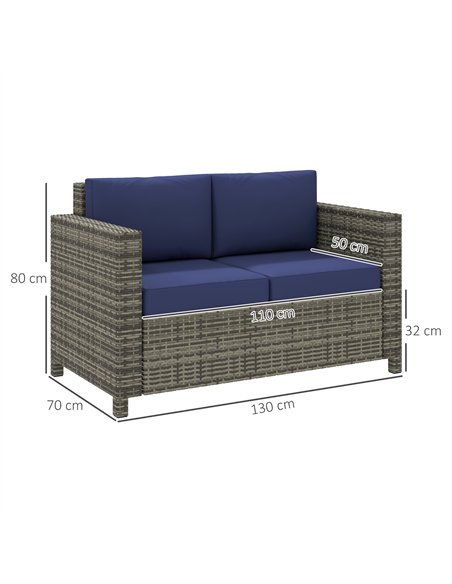 Outsunny 2 Seater Garden Furniture, Rattan Sofa with Soft Padded Cushion and Armrests, Wicker Garden Loveseat for Patio, Navy Bl - pic 129776 | FastDaddyshop