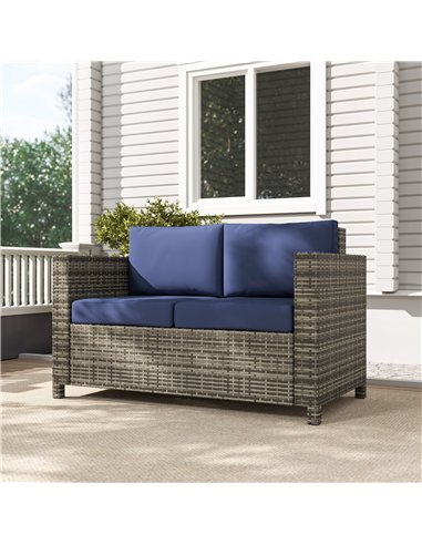 Outsunny 2 Seater Garden Furniture, Rattan Sofa with Soft Padded Cushion and Armrests, Wicker Garden Loveseat for Patio, Navy Bl
