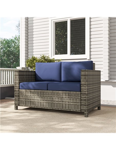 Outsunny 2 Seater Garden Furniture, Rattan Sofa with Soft Padded Cushion and Armrests, Wicker Garden Loveseat for Patio, Navy Bl - pic 129780 | FastDaddyshop