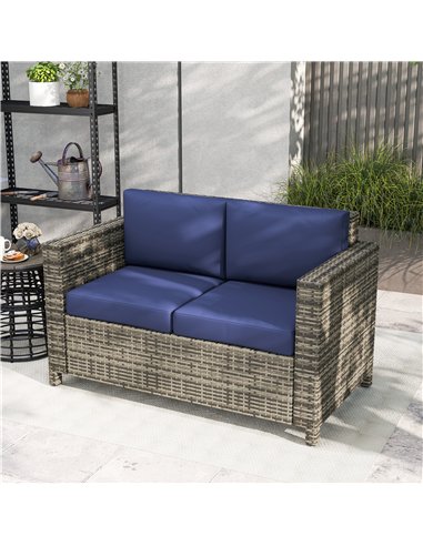 Outsunny 2 Seater Garden Furniture, Rattan Sofa with Soft Padded Cushion and Armrests, Wicker Garden Loveseat for Patio, Navy Bl