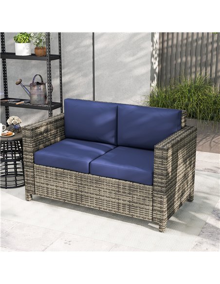 Outsunny 2 Seater Garden Furniture, Rattan Sofa with Soft Padded Cushion and Armrests, Wicker Garden Loveseat for Patio, Navy Bl - pic 129781 | FastDaddyshop