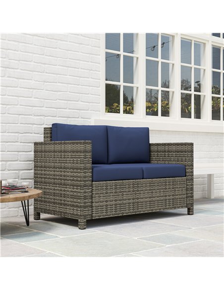 Outsunny 2 Seater Garden Furniture, Rattan Sofa with Soft Padded Cushion and Armrests, Wicker Garden Loveseat for Patio, Navy Bl - pic 129782 | FastDaddyshop