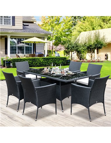 Outsunny 6-Seater Rattan Dining Set Garden Furniture Patio Rectangular Table Cube Chairs Outdoor Fire Retardant Sponge Black