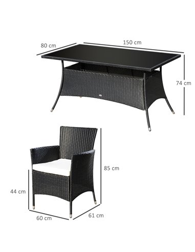 Outsunny 6-Seater Rattan Dining Set Garden Furniture Patio Rectangular Table Cube Chairs Outdoor Fire Retardant Sponge Black