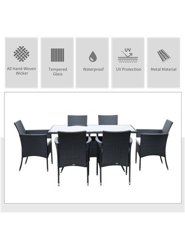 Outsunny 6-Seater Rattan Dining Set Garden Furniture Patio Rectangular Table Cube Chairs Outdoor Fire Retardant Sponge Black