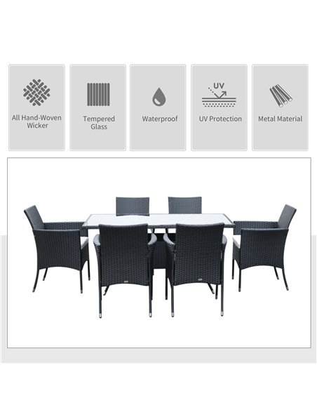 Outsunny 6-Seater Rattan Dining Set Garden Furniture Patio Rectangular Table Cube Chairs Outdoor Fire Retardant Sponge Black - pic 12981 | FastDaddyshop