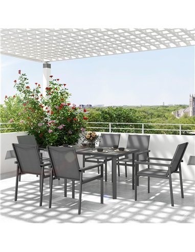 Outsunny Seven-Piece Metal Dining Set, with Glass-Top Table - Grey