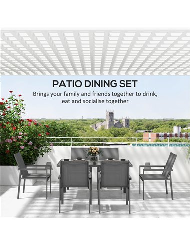 Outsunny Seven-Piece Metal Dining Set, with Glass-Top Table - Grey
