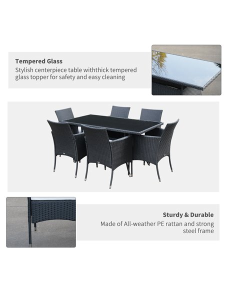 Outsunny 6-Seater Rattan Dining Set Garden Furniture Patio Rectangular Table Cube Chairs Outdoor Fire Retardant Sponge Black - pic 12982 | FastDaddyshop