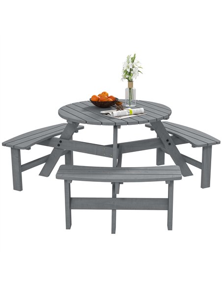 Outsunny 6 Seater Wooden Picnic Table and Bench Set Round Patio Dining Set with 3 Benches and Umbrella Hole Outdoor Garden Park, - pic 129828 | FastDaddyshop