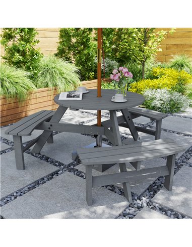 Outsunny 6 Seater Wooden Picnic Table and Bench Set Round Patio Dining Set with 3 Benches and Umbrella Hole Outdoor Garden Park,