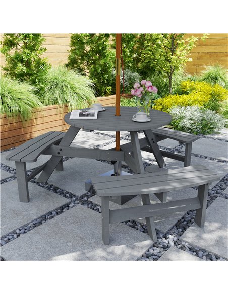 Outsunny 6 Seater Wooden Picnic Table and Bench Set Round Patio Dining Set with 3 Benches and Umbrella Hole Outdoor Garden Park, - pic 129829 | FastDaddyshop