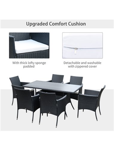 Outsunny 6-Seater Rattan Dining Set Garden Furniture Patio Rectangular Table Cube Chairs Outdoor Fire Retardant Sponge Black