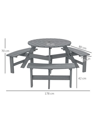 Outsunny 6 Seater Wooden Picnic Table and Bench Set Round Patio Dining Set with 3 Benches and Umbrella Hole Outdoor Garden Park,