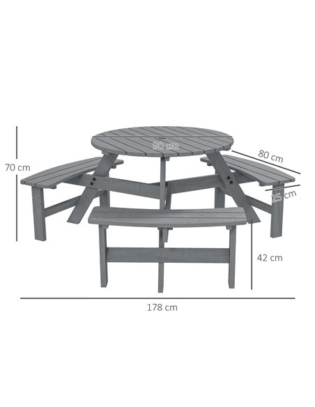 Outsunny 6 Seater Wooden Picnic Table and Bench Set Round Patio Dining Set with 3 Benches and Umbrella Hole Outdoor Garden Park, - pic 129830 | FastDaddyshop