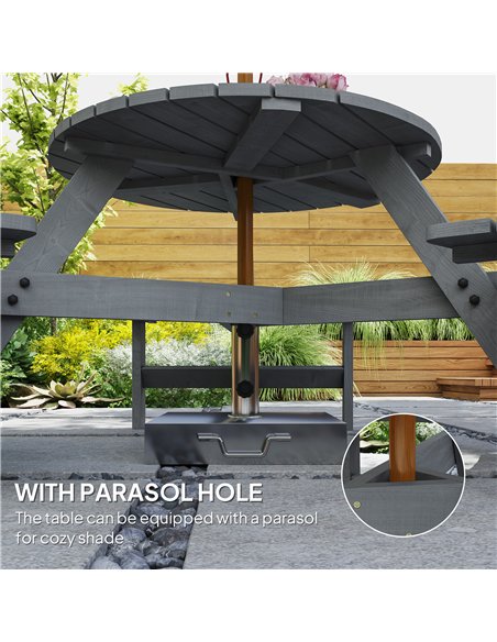 Outsunny 6 Seater Wooden Picnic Table and Bench Set Round Patio Dining Set with 3 Benches and Umbrella Hole Outdoor Garden Park, - pic 129831 | FastDaddyshop