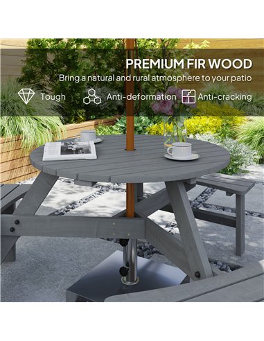 Outsunny 6 Seater Wooden Picnic Table and Bench Set Round Patio Dining Set with 3 Benches and Umbrella Hole Outdoor Garden Park,